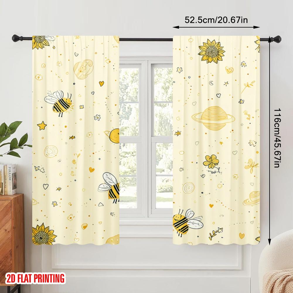 2pcs 2D Flat Printing Curtains Cute Bee Flower Stars Polyester Without Electricity Party Decorations Use for Indoor Celebrations