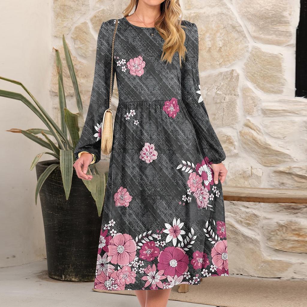 Women's fashionable loose retro printed round-neck dress