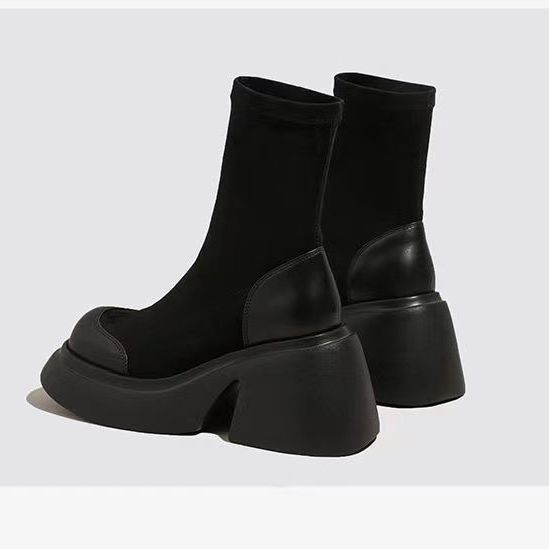 Small thin boots 2025 new autumn and winter explosion solid color Martin boots women's high heel thick heel elastic platform short boots