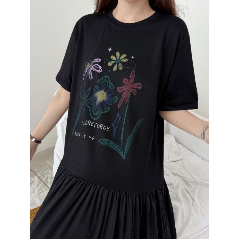 DIMANAF 2026 Plus Size New Dress Summer Women Lady Shirt Dress Floral Loose Beach Casual Long Dresses O-Neck Black