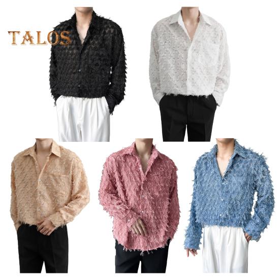 Men Shirt with Breat Pocket And Tassel Decor Turn-down Collar Single-breasted Long Sleeves Solid Color Holiday Christmas Party Club Top