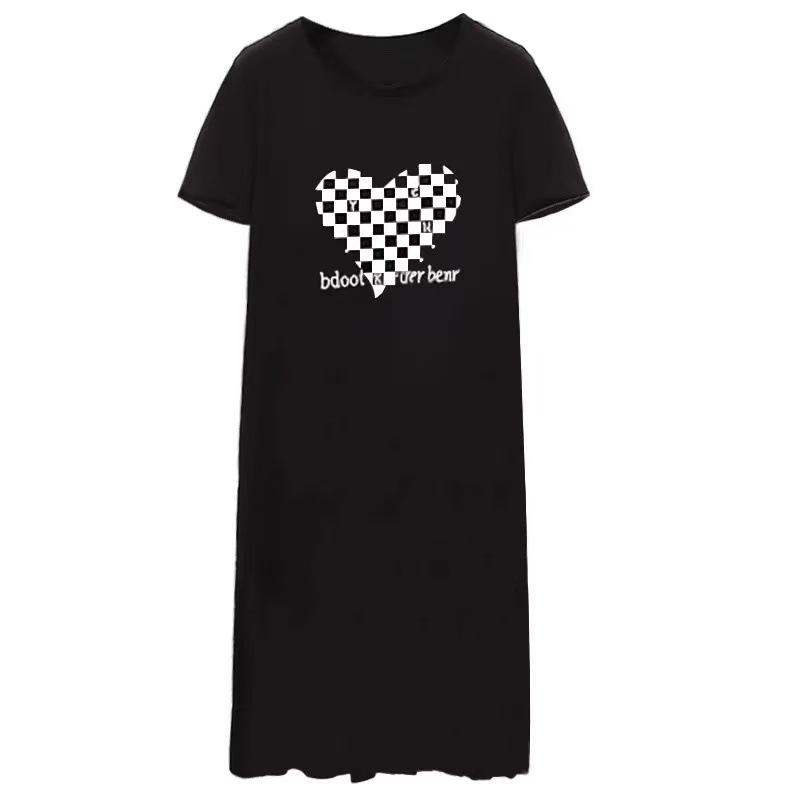 Black and white grid large size women's t-shirt dress, slightly fat in summer mm loose and lazy wind, covering the stomach and showing