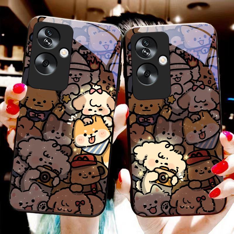 Glowing Kitten For Oppo A79 5G 58 78 74 60 4G Reno 11F Realme GT 6 11 Note 50 10 C55 X2 Tempered Glass Black Phone Case