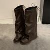 Korean version of trouser boots women's 2025 autumn and winter new Maillard retro pleated knight boots stacked boots