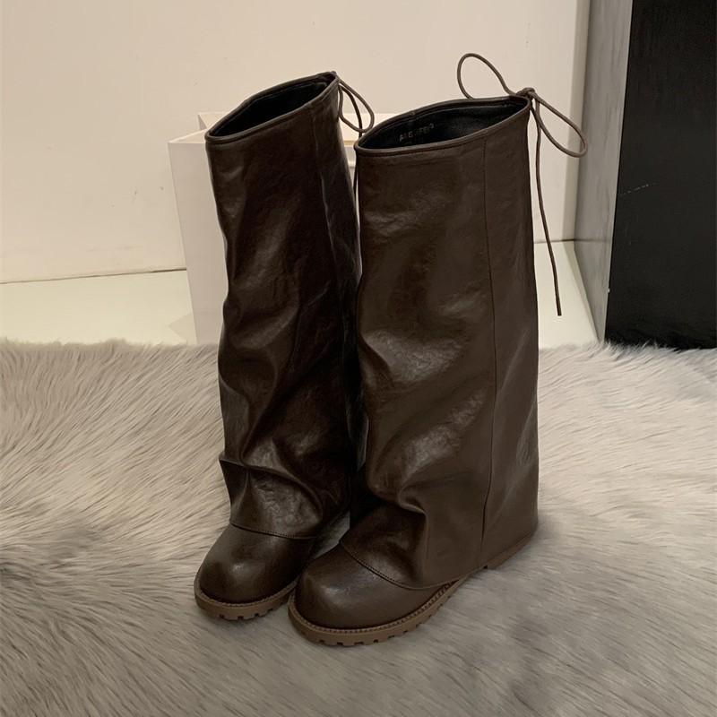 Korean version of trouser boots women's 2025 autumn and winter new Maillard retro pleated knight boots stacked boots