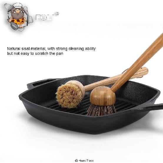 FOLI Bamboo Handle Dish Scrub Brushes - Wooden Cleaning Scrubbers with Stiff Bristles for Washing Kitchen Cast Iron Pan Pot (2PCS with Sisal & Palm