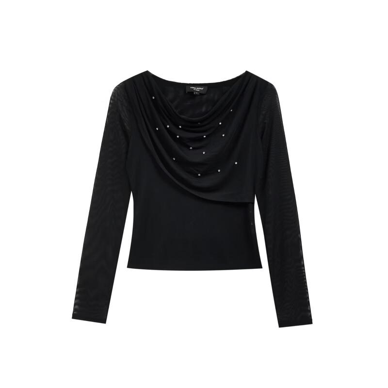 VEROMODA Women's Mesh Rhinestone Cowl Neck Long Sleeve Top