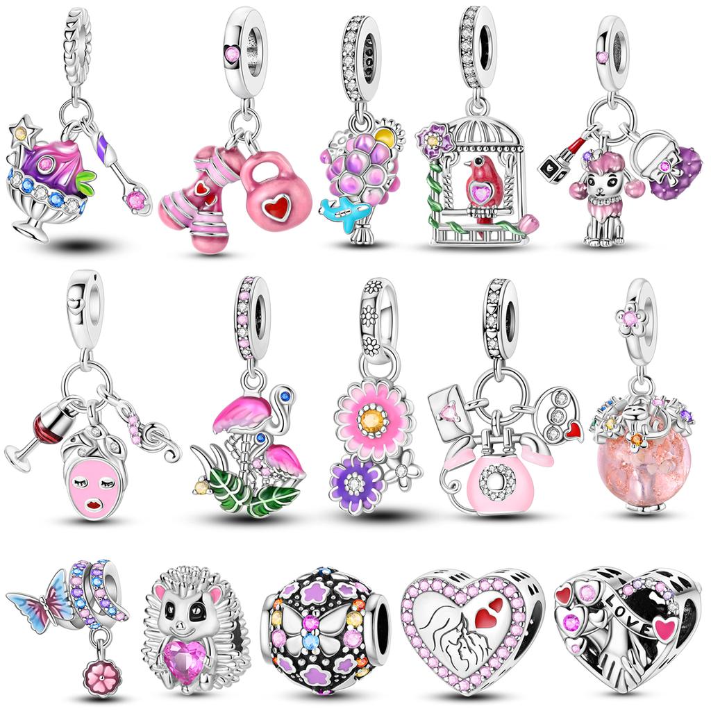 Silver Plated Pink Color Charm Beads Flower Love Heart Dangle fit Original Bangle Bracelet Necklace Pendant Jewelry Women Gift