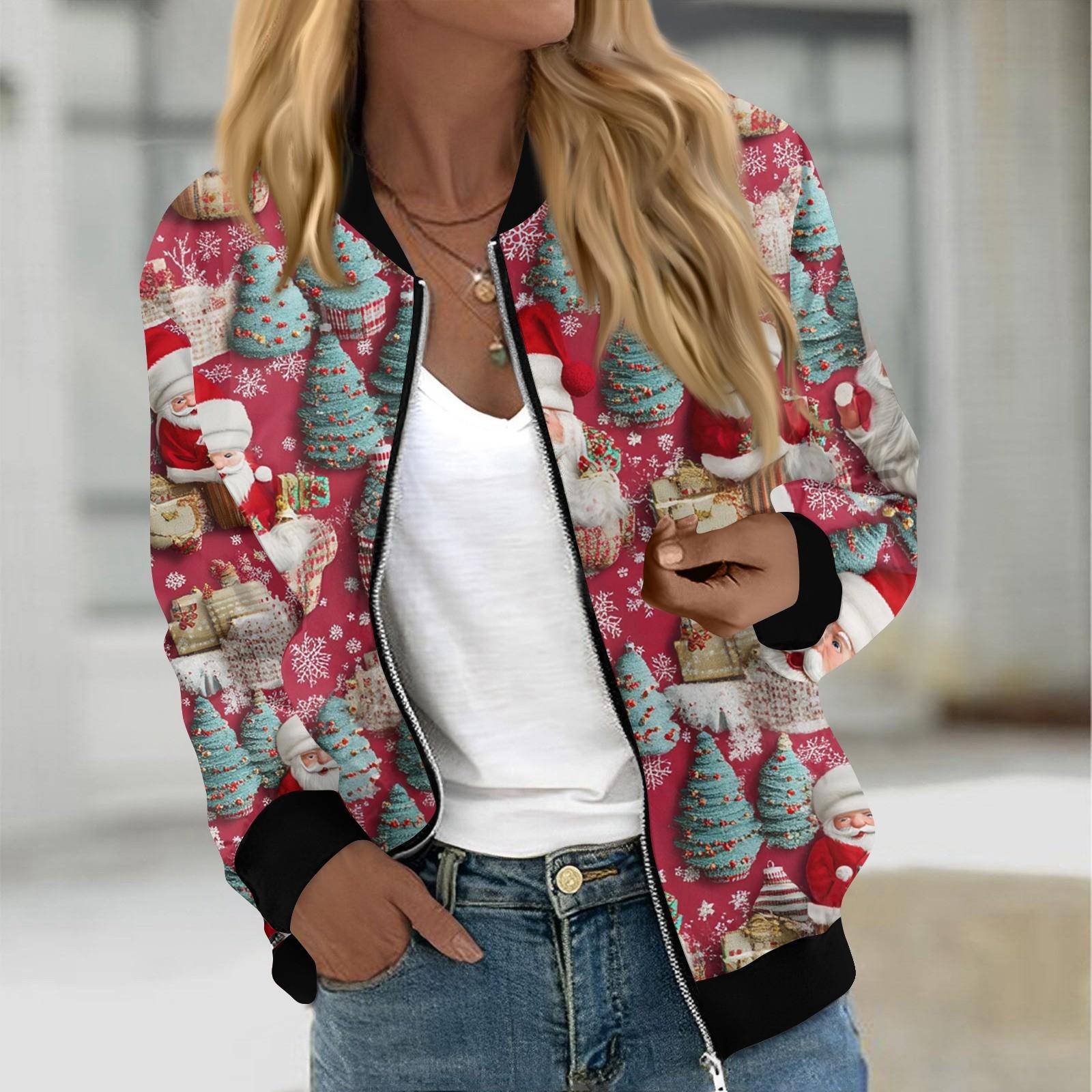 

Куртки женские с длинным рукавом, легкие, на молнии, укороченные, модные, с рождественским принтом, верхняя одежда, повседневные, стеганые куртки с карманами XL зелёный