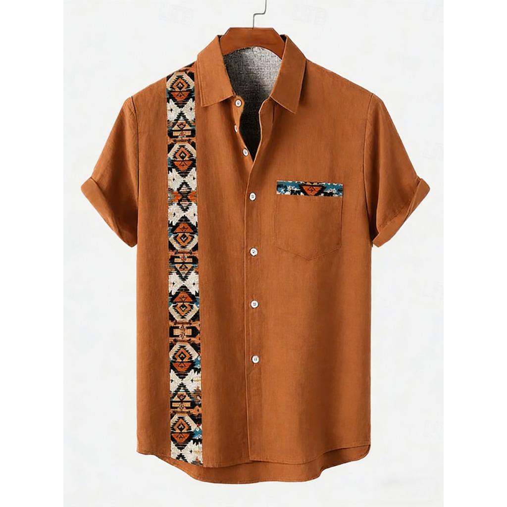 2026 Daily Men's Casual Short Sleeved Shirt with Natural Ethnic Pattern Printed Shirt Hawaii Beach Vacation Clothing