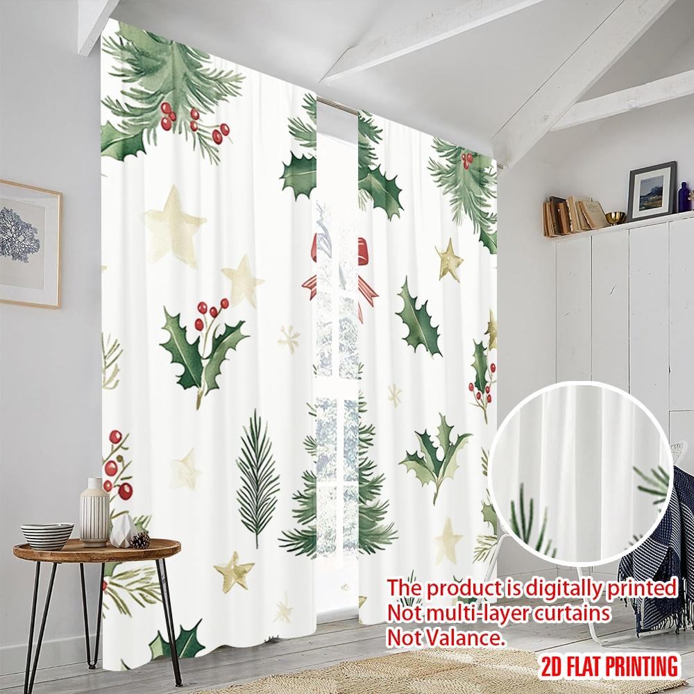 2 Stück, 2D-Flachdruckmuster Vorhänge Weihnachtsbaum Stechpalmenbeeren Schleifen (2) 100% Polyester (ohne Stange) Perfekt für alle Jahreszeiten