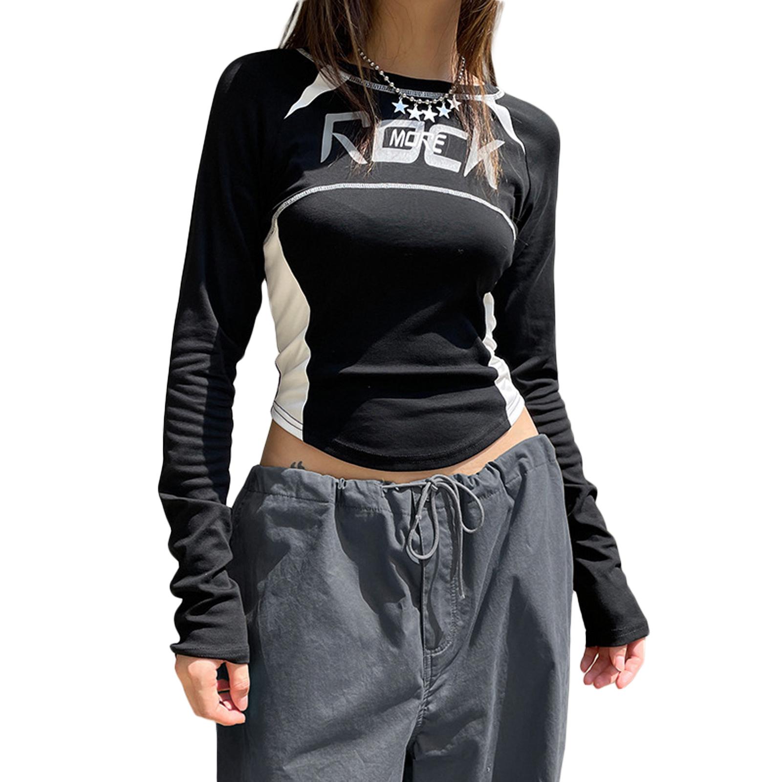 

Женские топы с круглым вырезом, модный буквенный принт, длинный рукав, облегающая футболка, повседневная блузка, уличная одежда L чёрный