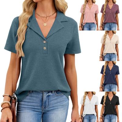 Spring Summer Women Waffle Knit Lapel Button Down Casual Short Sleeve Top