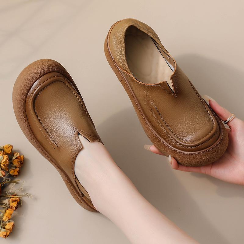 Fashion Original Natural Leather Shoes for Women Vintage Comfort Round Toe Buckl Flats Woman Slip On Orthopedic Loafers Ladies Moccasins