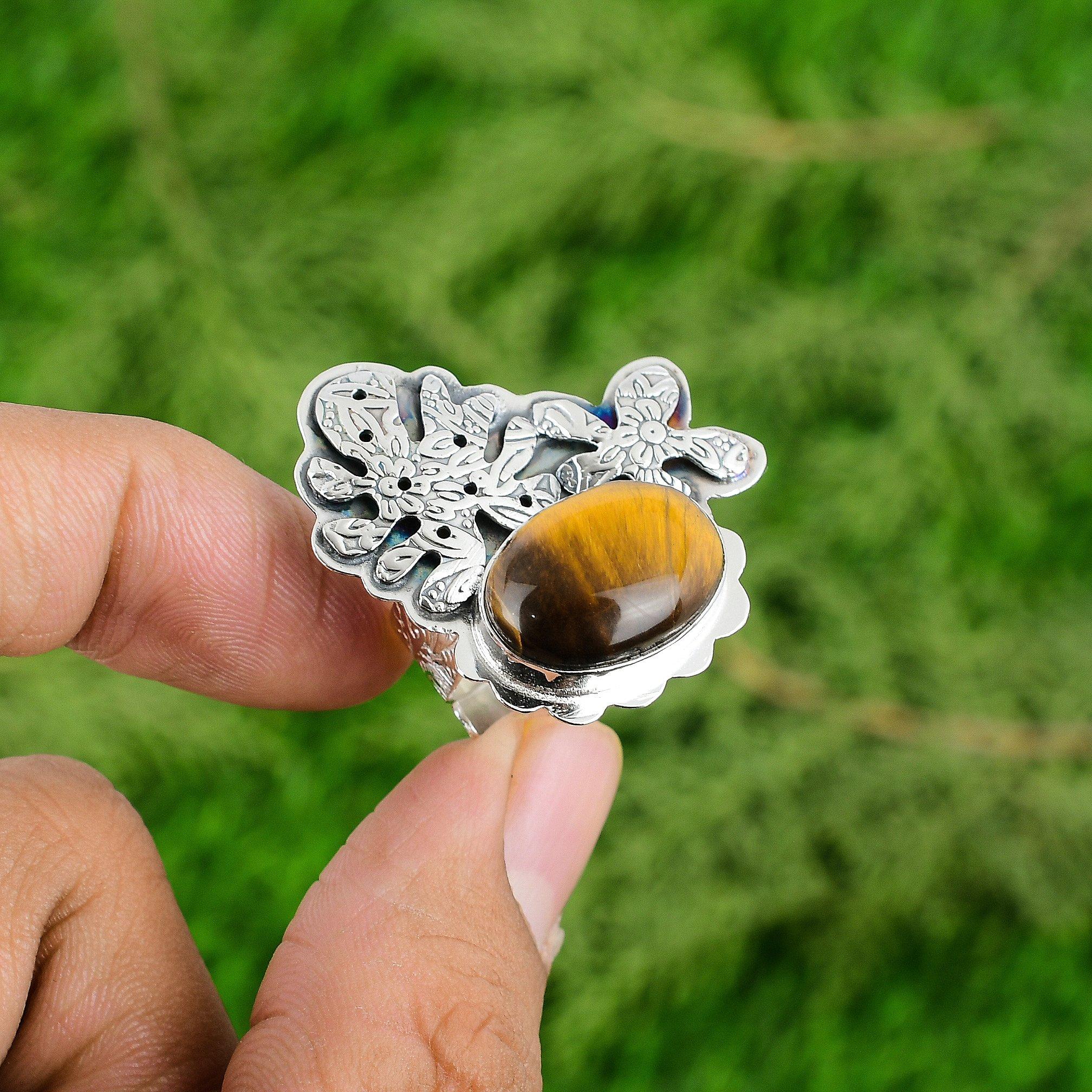 

Gift For Her 925 Silver Natural Tiger S Eye Gemstone Solitaire Adjustable Ring Adjustable