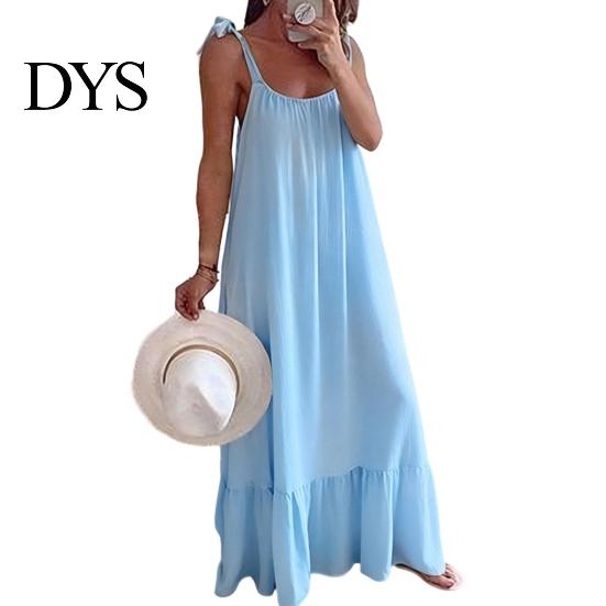 Loose Fit Summer Dress Women's Casual Tie Shoulder Sleeveless Square Fresh Natural Look Neck Maxi A-Line Ruffle Flowy Beach Sundress Spring
