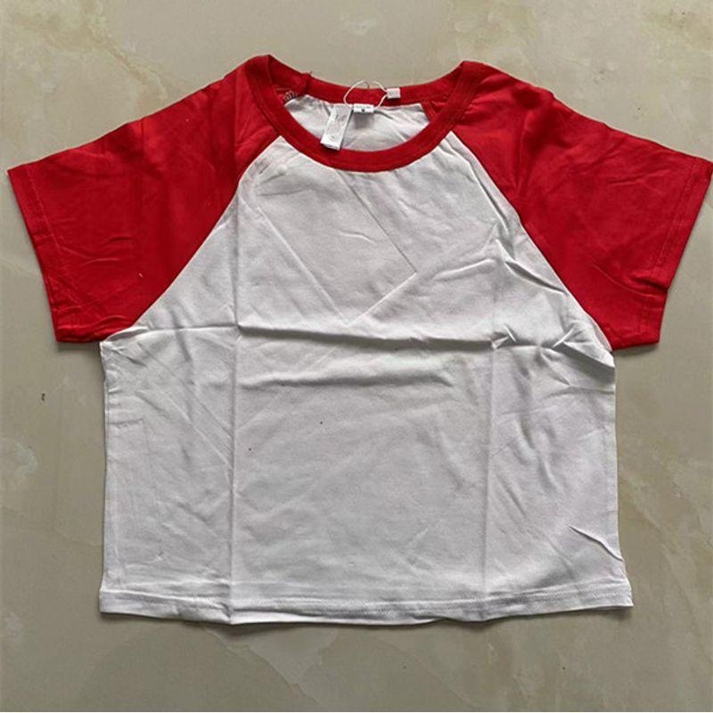 

Короткий кроп-топ в стиле пэчворк, футболка, летняя новинка, женская одежда для внешней торговли, модный молодежный пуловер с круглым вырезом, короткий рукав, сочетание цветов 27778 White spell red (Long) A- 10-26-2 S