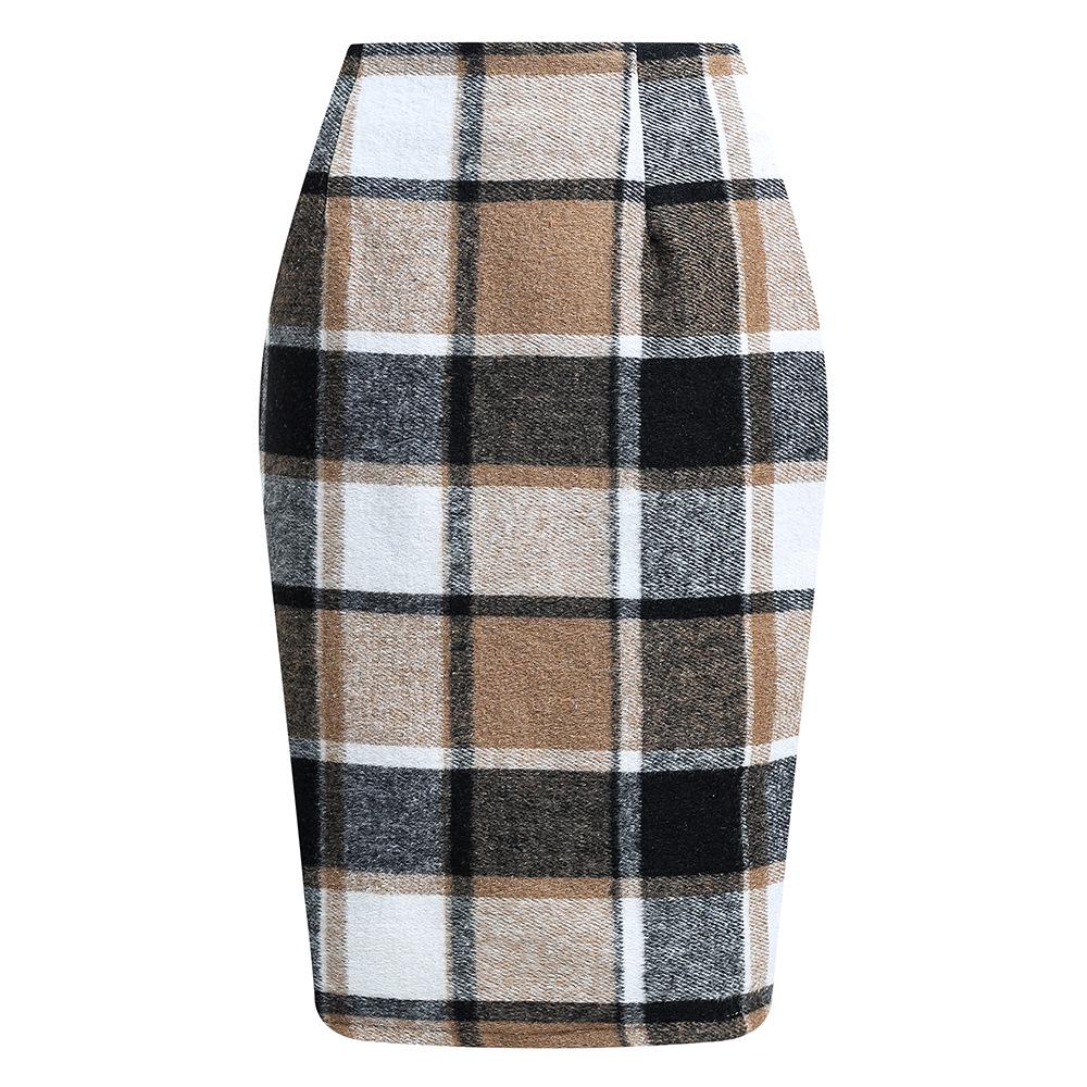 High-Waisted Women's Plaid Pencil Skirt - Knee-Length Wool Skirt for Autumn and Winter