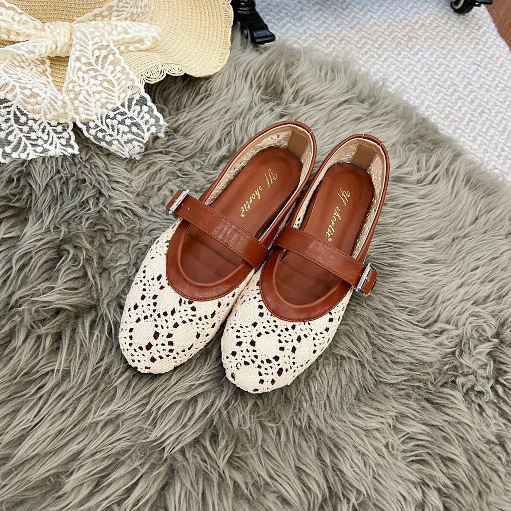 Inner Heightening Women's Shoes Breathable Hollow Woven One-word Strap Single Shoes 25 Summer New Casual Splicing Round Head Grandma Shoes