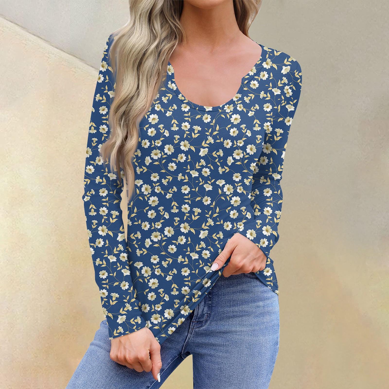 

Женская повседневная модная удобная рубашка с длинным рукавом и U-образным вырезом с цветочным принтом, футболка, топы XXXL