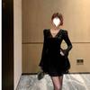 Pure Desire Sexy V-neck Lace Splicing Long-sleeved Dress Women's Autumn New High-end Slim and Thin A-word Short Skirt