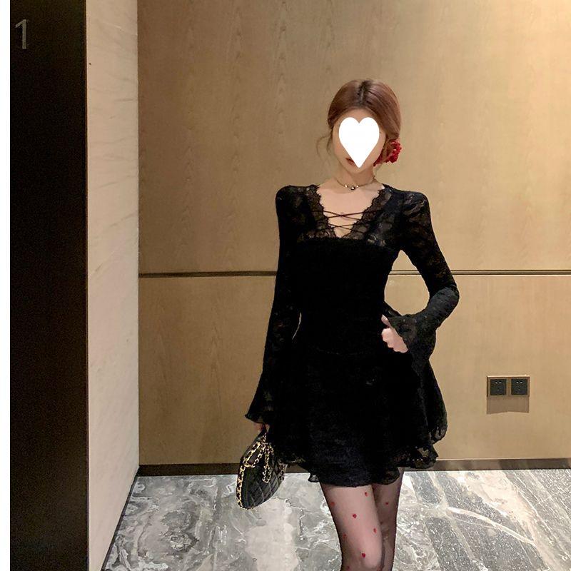 Pure Desire Sexy V-neck Lace Splicing Long-sleeved Dress Women's Autumn New High-end Slim and Thin A-word Short Skirt