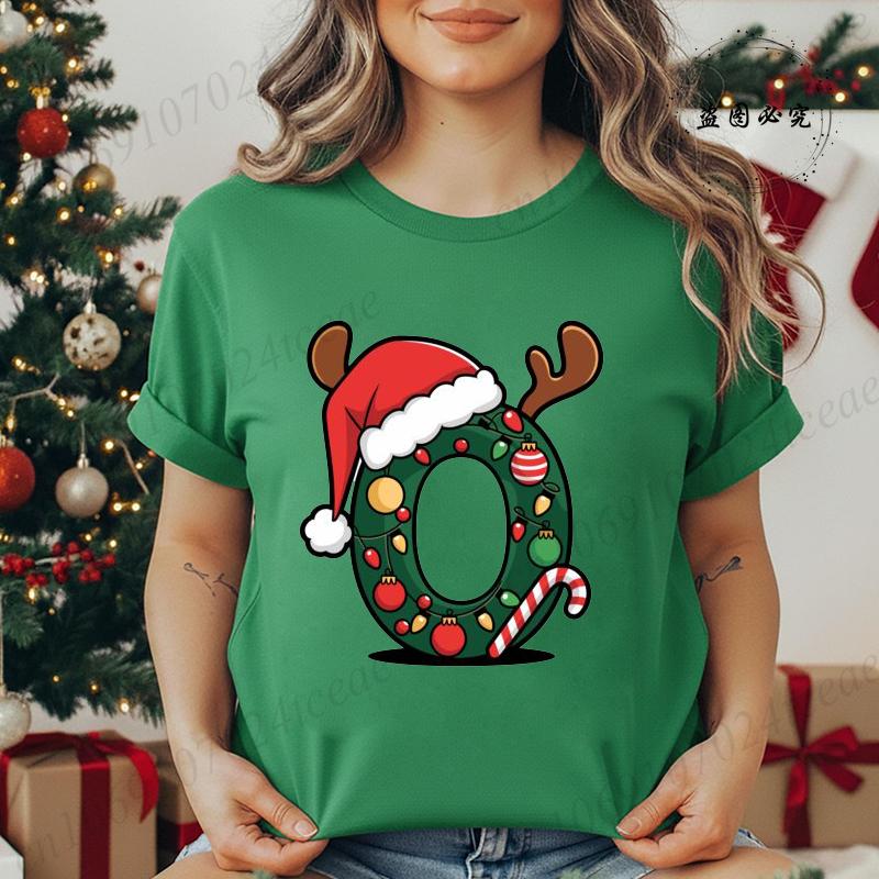 Fashion Printed T Shirt Festive Christmas Alphabet Letter with Santa Hat Women T Shirt Short Sleeves Crew Neck Female Clothes