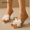 Fashion Lace Pearl Bowknot High Heel Slippers for Women Summer Square Toe Transparent Heeled Pvc Sandals Woman Fashion Party Dress Shoes