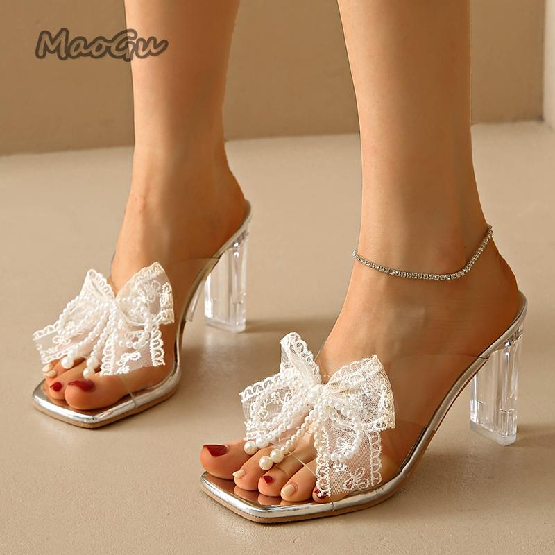 Fashion Lace Pearl Bowknot High Heel Slippers for Women Summer Square Toe Transparent Heeled Pvc Sandals Woman Fashion Party Dress Shoes