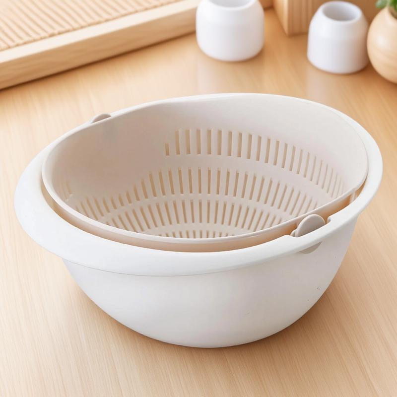 Kitchen Double Basin Drainer Strainer with Bowl Fresh Fruit Vegetable Cleaning Basket Essential Tool