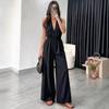 Women's V Neck Jumpsuit Sleeveless Belted Wide Leg High Waist Elegant One Piece