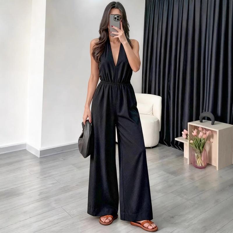 Women's V Neck Jumpsuit Sleeveless Belted Wide Leg High Waist Elegant One Piece