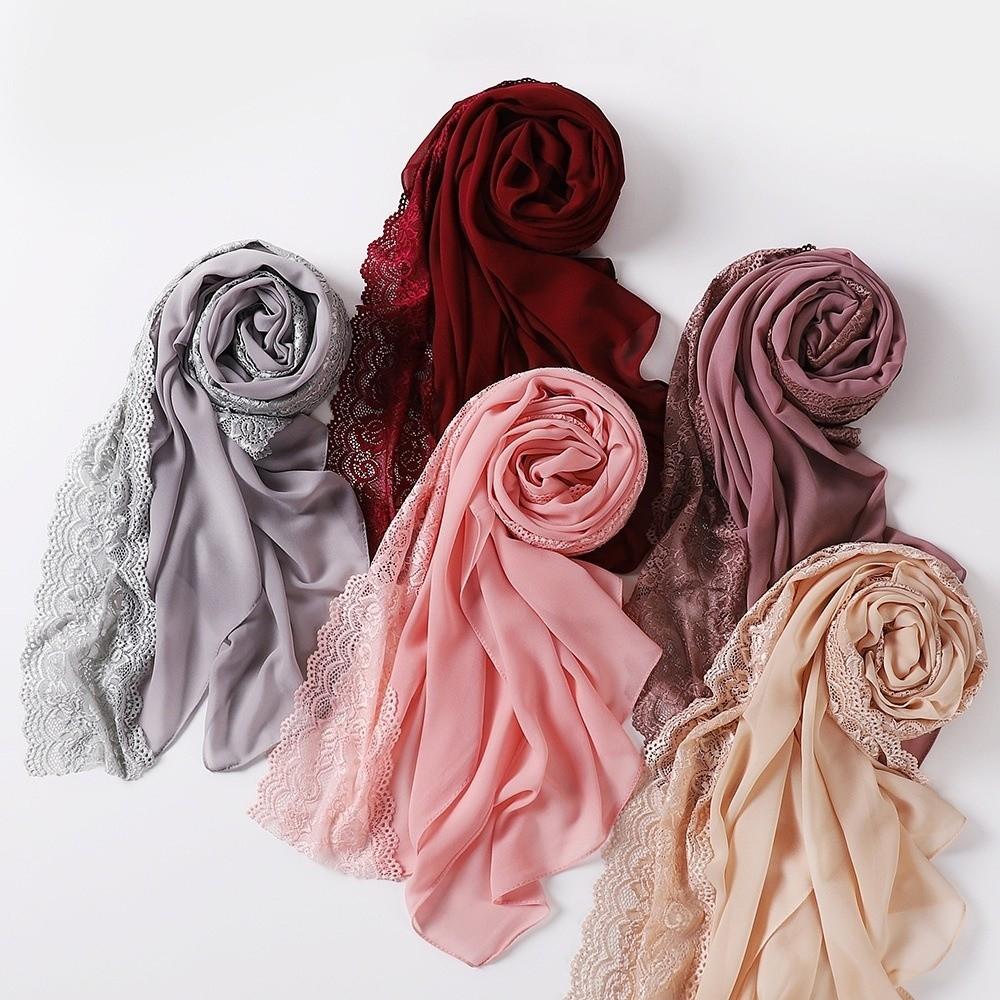 Solid Color Silk Scarf Lace Edge Ramadan Headscarf Versatile Sunscreen Shawl  Women Headwear