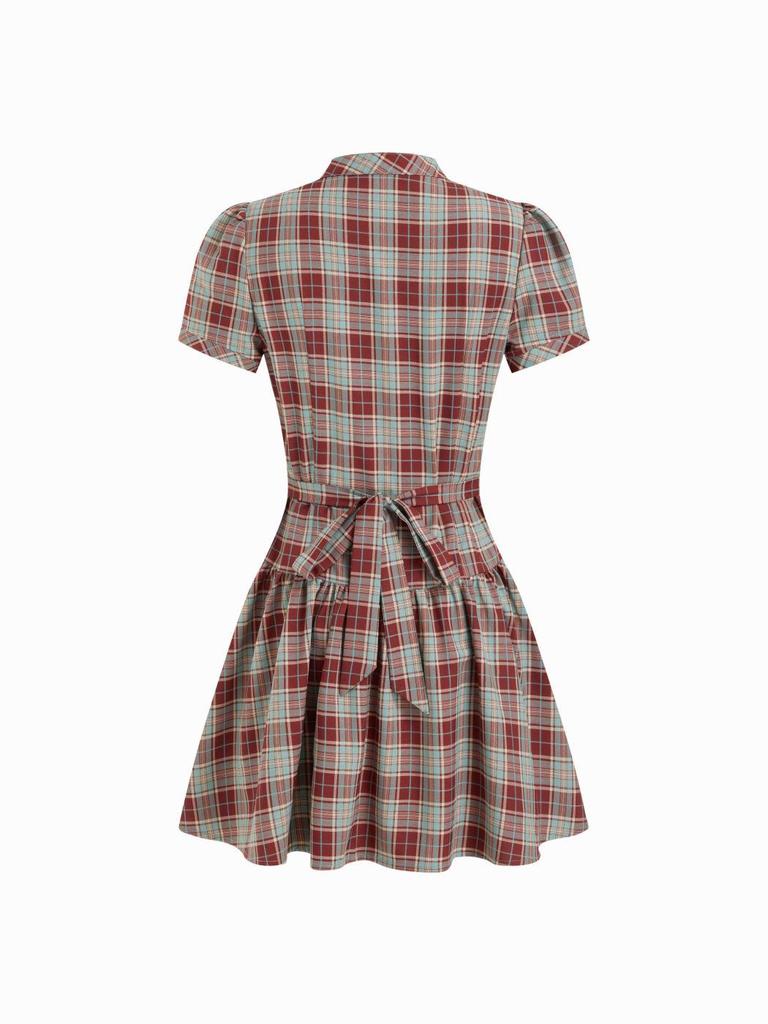 Europese en Amerikaanse Dames Plaid Hoge Hals Pofmouw Mini Jurk