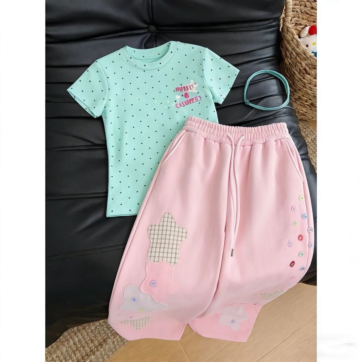 Girls Mint Green Polka Dot T Shirt with Contrast Wide Leg Pants Summer Outfit 120