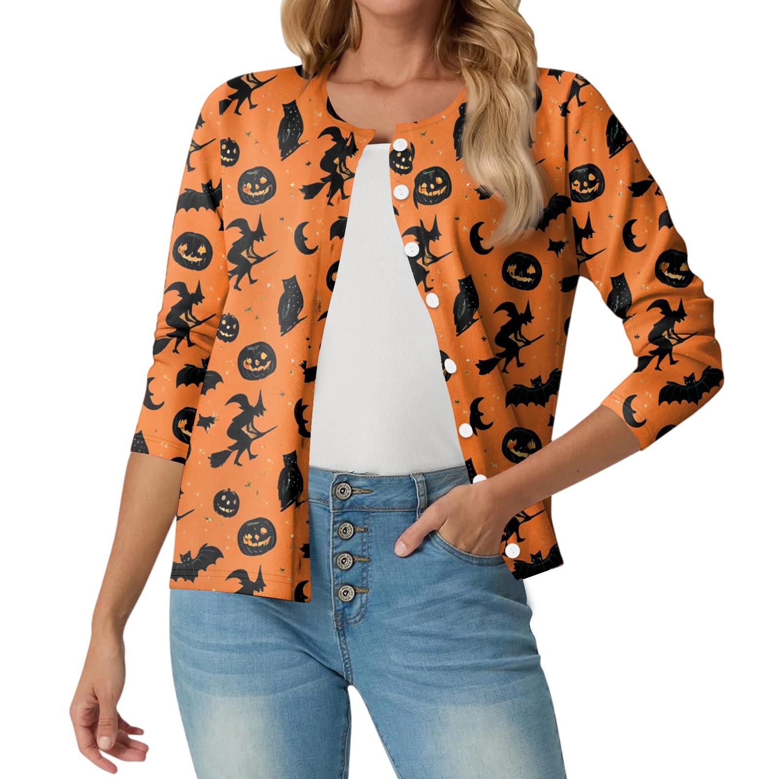 

Женский модный, повседневный, удобный кардиган-жакет с принтом на Хэллоуин XL шафрановый