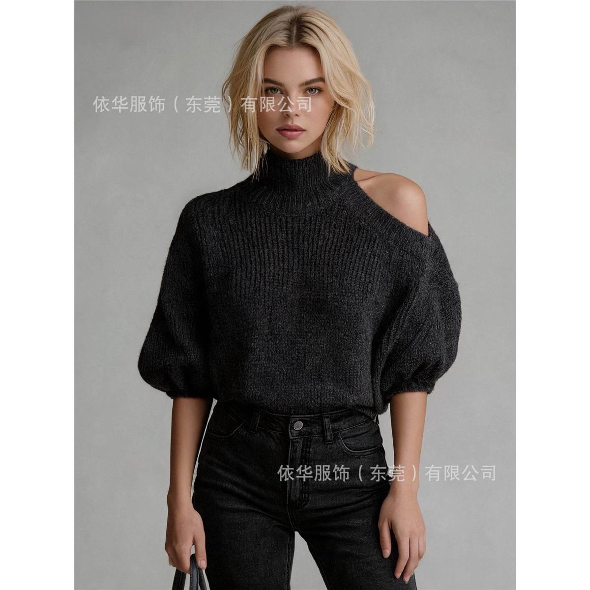 Damen Rollkragen Ein Schulter Frei Schulter Pullover Puffärmel Locker Gestricktes Oberteil XL schwarz
