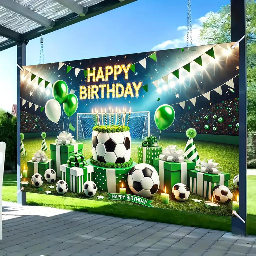 Glowing Soccer Happy Birthday Banner, Large Sports Backdrop for Outdoor Indoor Party Photo Booth