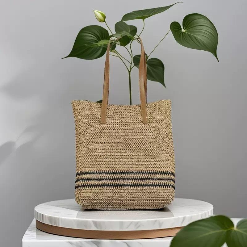 

Paper rope straw woven bag large capacity striped zipper woven woven bag shoulder beach tote bag women zipper хаки