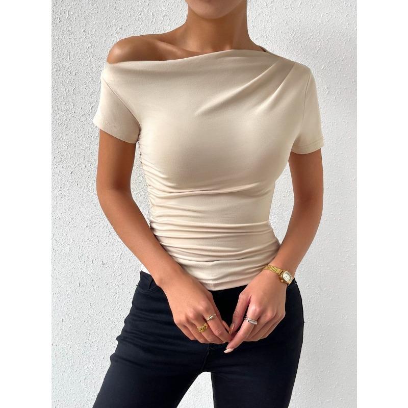 Dámské tričko s krátkým rukávem s nepravidelným plisem na jaro léto