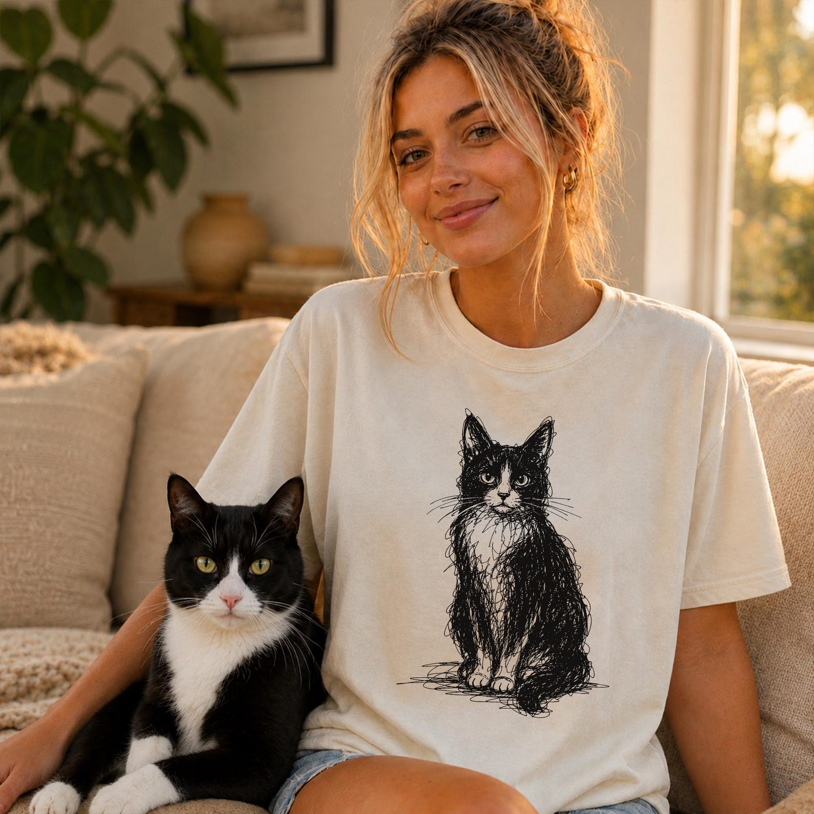Tuxedo Cat Line Art Shirt, Minimalist Scribble Feline Sketch Tee, Black and White Cat Lover Gift 4XL