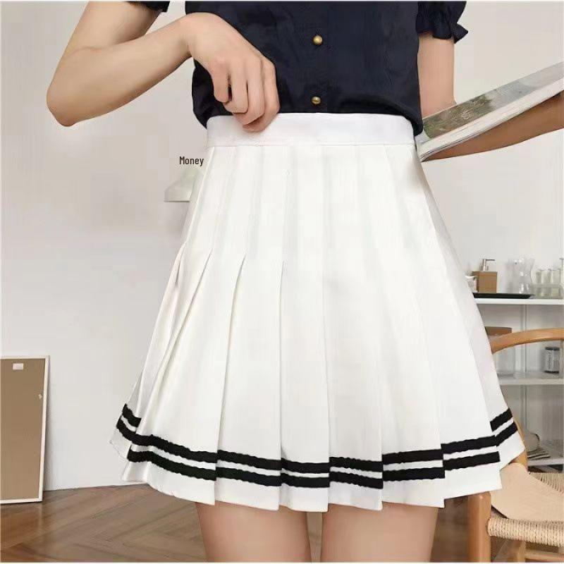 Striped Extra Long Safety Shorts Pleated Skirt - JK Uniform Half Body Skirt for Spring and Summer