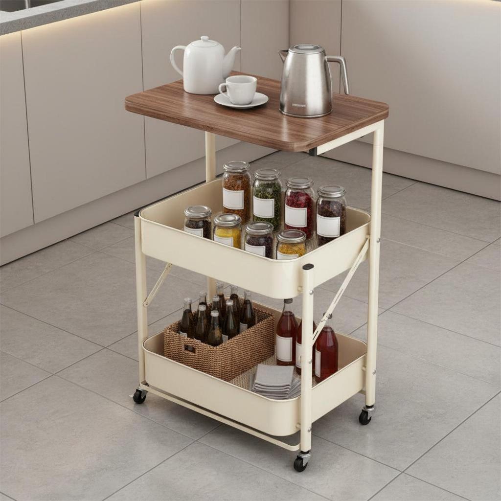 Mobile End Table with Storage Baskets 360-Degree Rotating Wheels Foldable