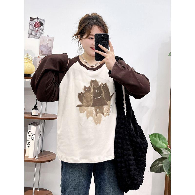 Plus-Size Women's Raglan Sleeve Patchwork Long-Sleeve T-Shirt Top, Spring and Autumn 2026 New Style, Slimming Base Layer for Slightly Chubby Women