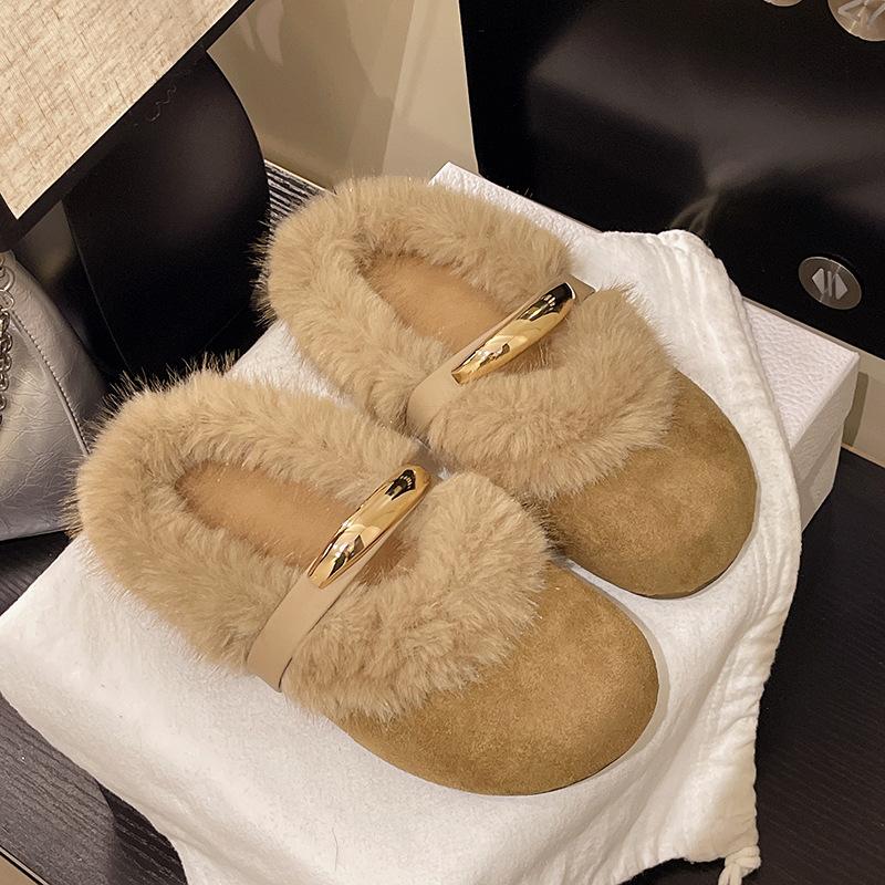 

Xiaoxiangfeng fluffy shoes women s flat-bottomed cotton slippers autumn and winter outer wear design sense soft-soled Mary Jane velvet cotton mop 35