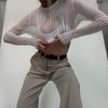 Long-Sleeve Mesh See-Through High-Neck Slim-Fit Women's Top