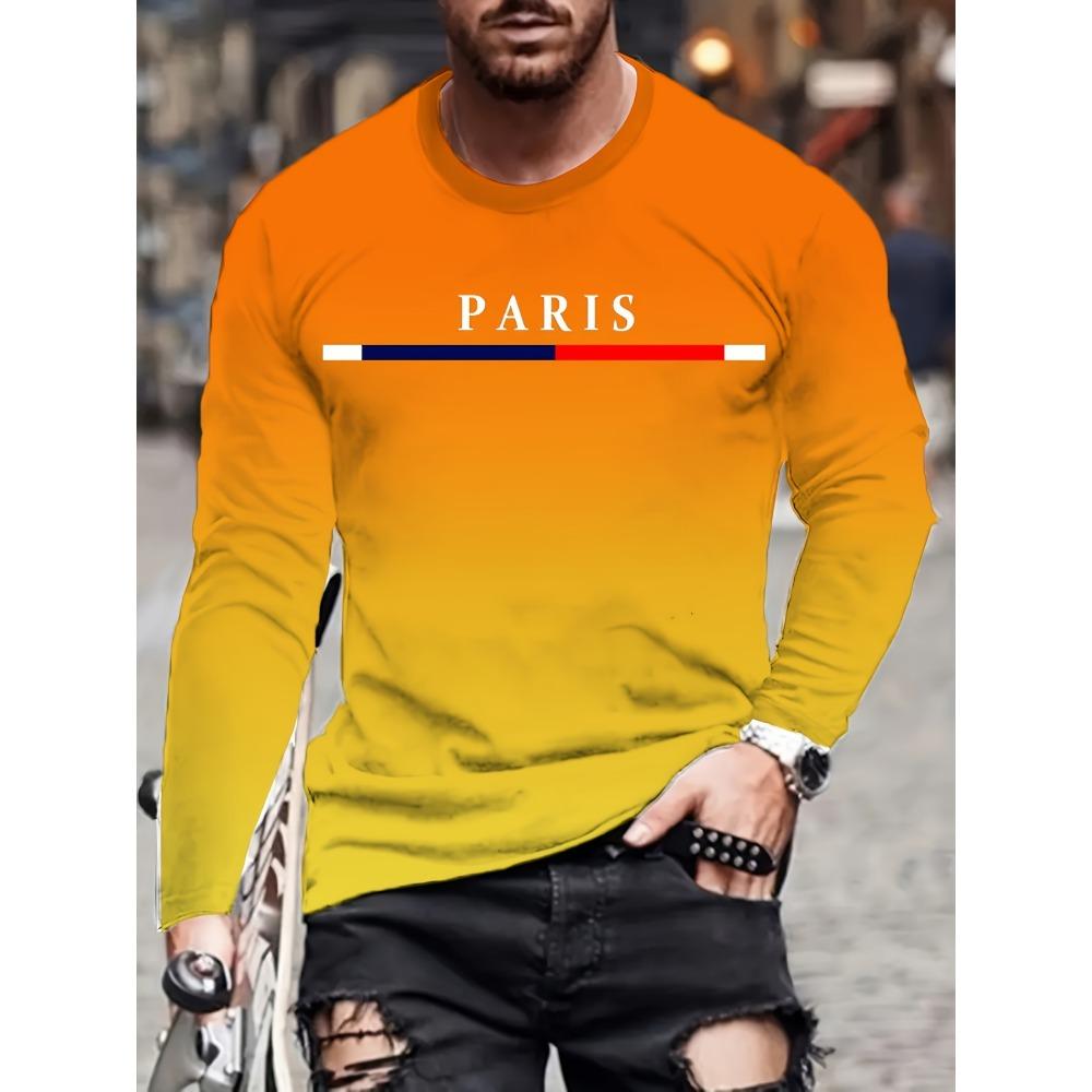 Men's color blocked gradient men's long sleeved round neck T-shirt, casual and comfortable T-shirt