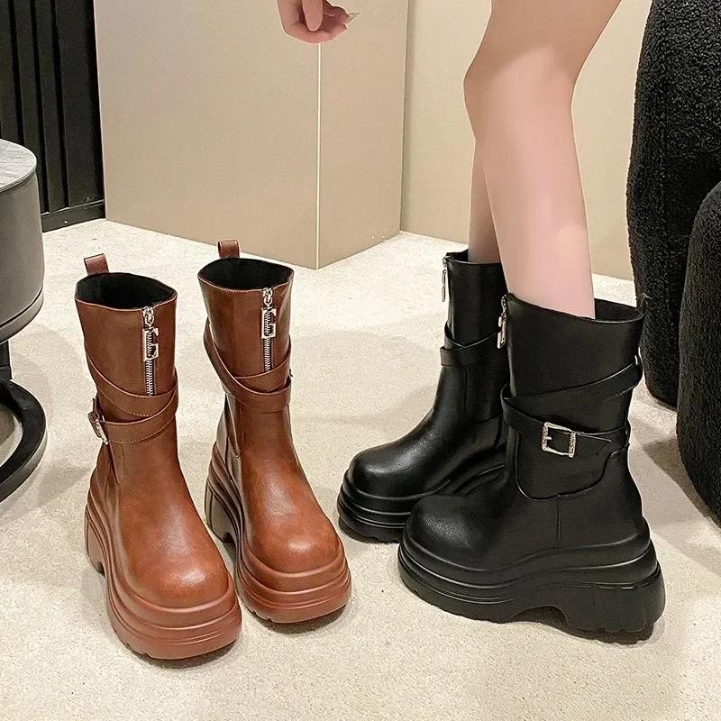 Fashion 9CM Platform Chunky Boots Women High Heels New 2024 Autumn Mid Calf Leather Sneakers Trend Winter Brown Motorcycle Boots Zapatos