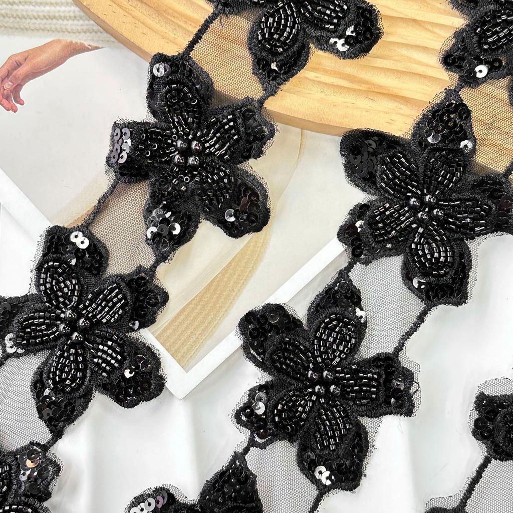 Korean Version Of Light Luxury Black Bead Flower Piece Hair Accessories Dress Children'S Clothing Mesh Embroidery Lace Accessories