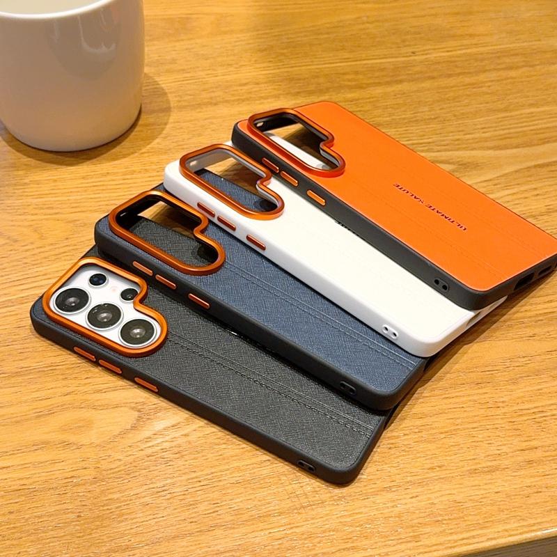 Luxury Cross Texture Leather Design Case For Samsung Galaxy S26 S25 Plus Edge Ultra Slim Orange Camera Ring Shockproof Cover
